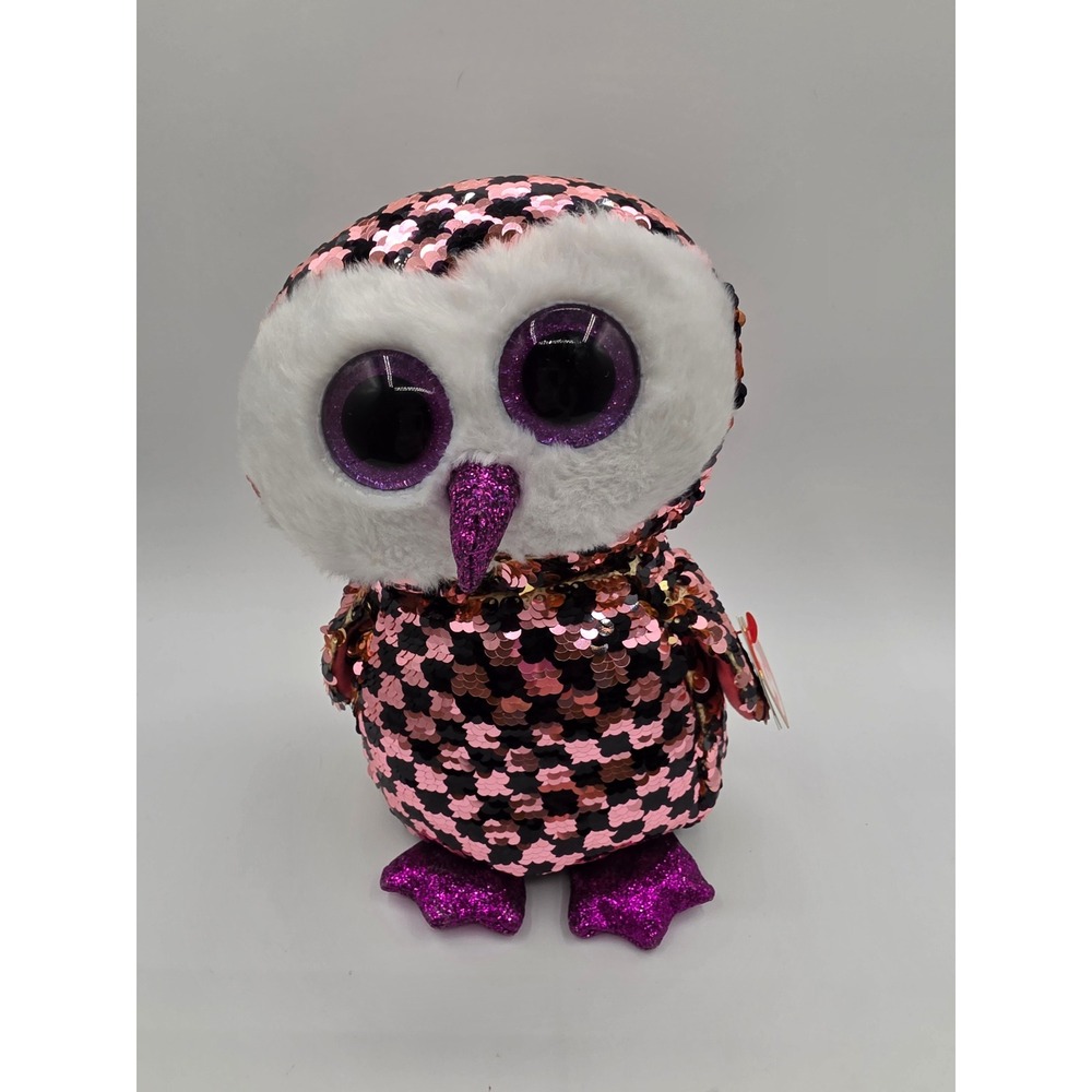 Ty Flippables Checks the Owl Pink Orange Black Reversible Sequin Plush 2019 NWT